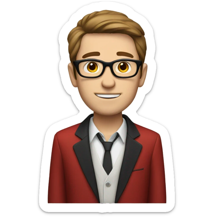 skinny white guy with brown hair, black glasses and red suit sticker