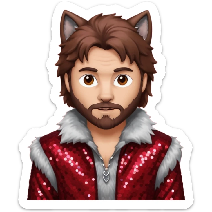 The Wolf Man with brown hair and fur, dark red sequin outfit sticker