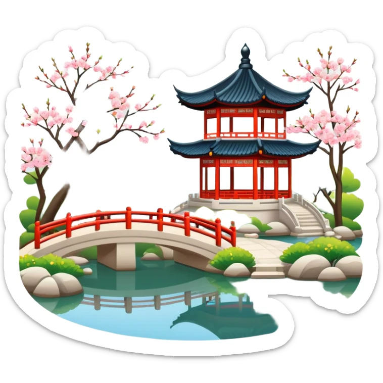 Suzhou garden with spring blossoms and pavilion by pond, simplified emoji style with bold outlines and bright colors, cartoon style traditional Chinese garden sticker