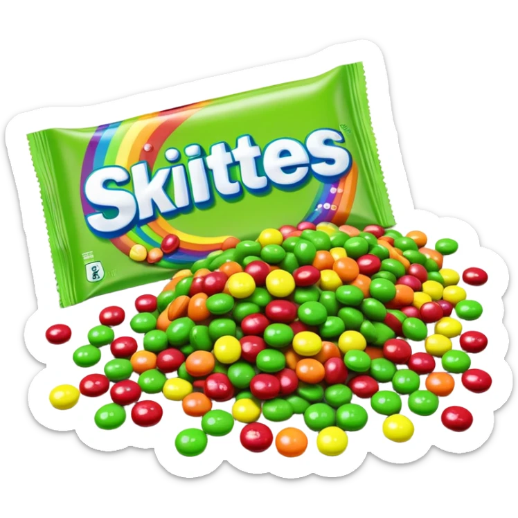 A multi-colored rainbow Skittles package next to a pile of exclusively green Skittles candies. The package shows all rainbow colors while the candies are only green. sticker