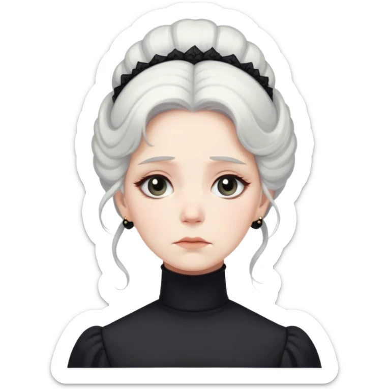 A Victorian woman with elegant coiffed white hair wearing a modest black turtleneck mourning dress with a forlorn expression sticker