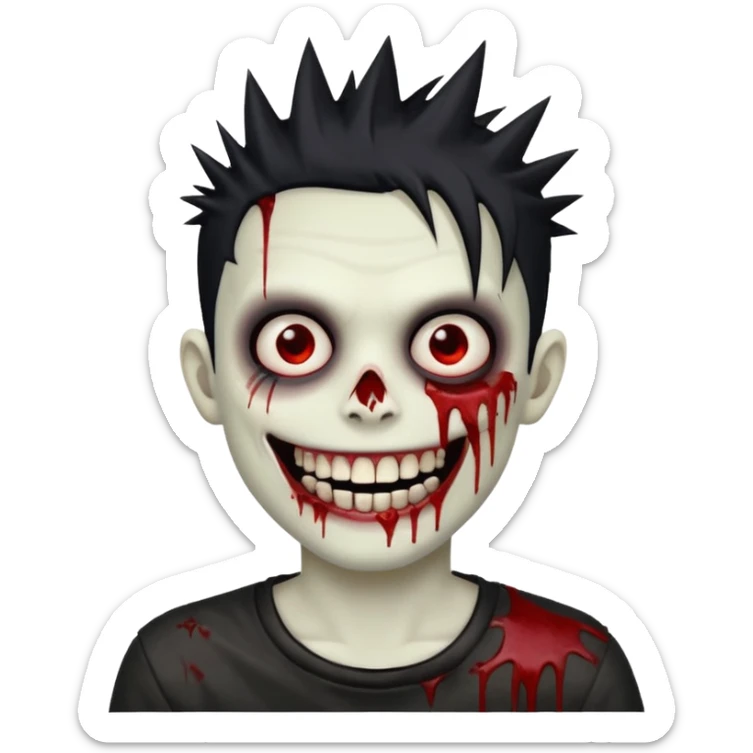 zombie boy with emo spiky hair, white skin, and white eyes; an open smile, and bloodied teeth; sticker