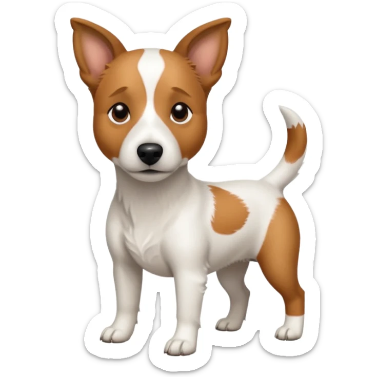 a full body white jack russel looking dog the size of a kelpie with light brown ears and a light brown patch on one eye, flopped down ears and a large snout sticker