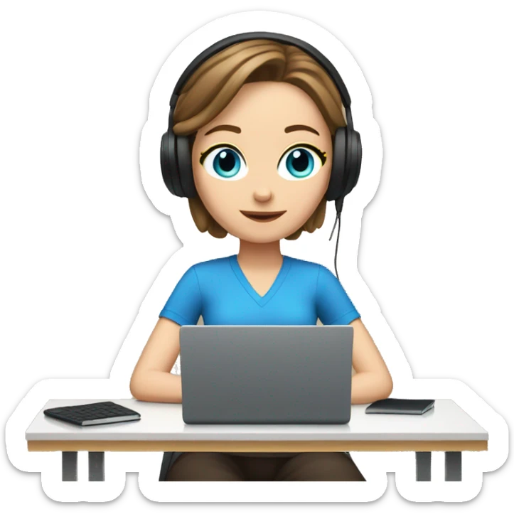 white girl at desk, brown hair, blue eyes, computer, headphones sticker