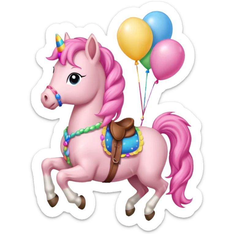 pinky pie mlp holding colorful balloons tied to its saddle, looking cheerful. sticker
