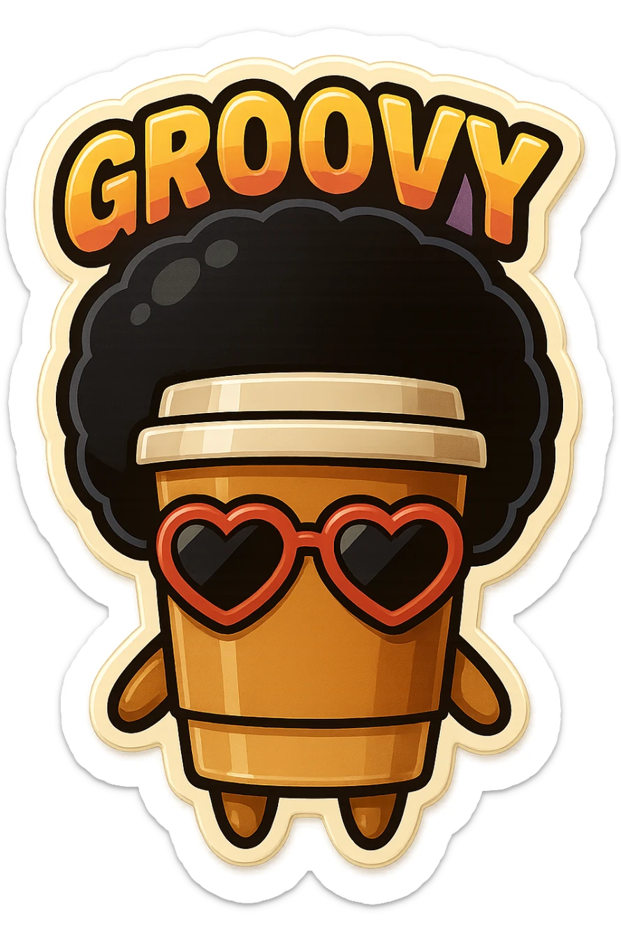 Tall coffee cup, no mouth, afro, heart glasses, giant groovy sign sticker