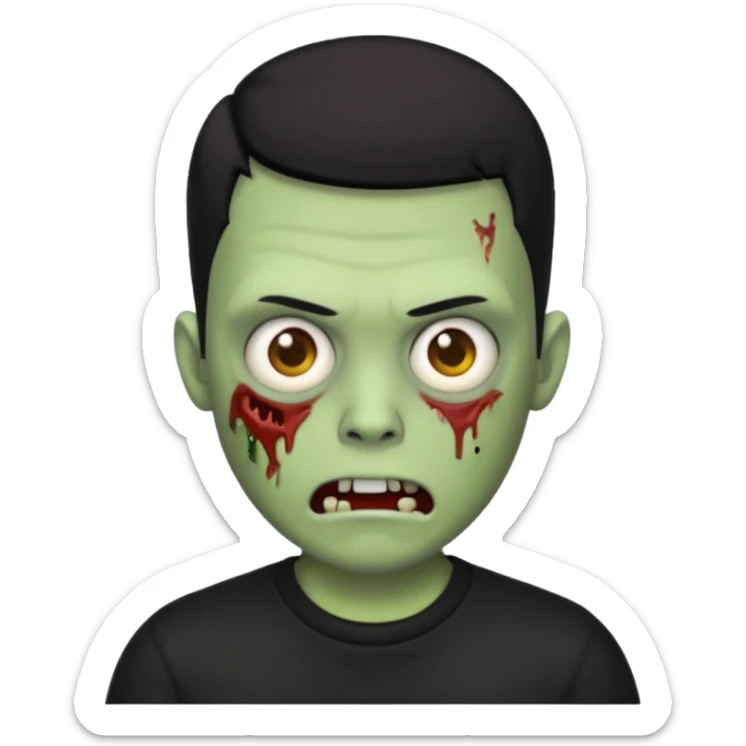 zombie iPhone emoji with buzz cut black hair and black t-shirt sticker