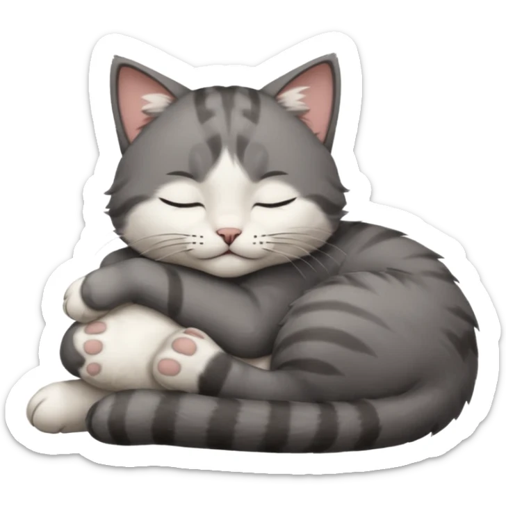 dark grey and white small cat with closed eyes, leaning his head on his paw while leaning on his elbow lying down sticker