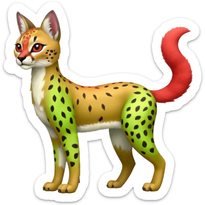 Colorful cute adorable tropical exotic fruity kiwi-green lemony rosy neon-red Caracal-Cheetah-Serval-Snow-Leopard-Trico-Sergal-Vernid-fusion-hybrid-animal-creature, full body, with tribal markings sticker