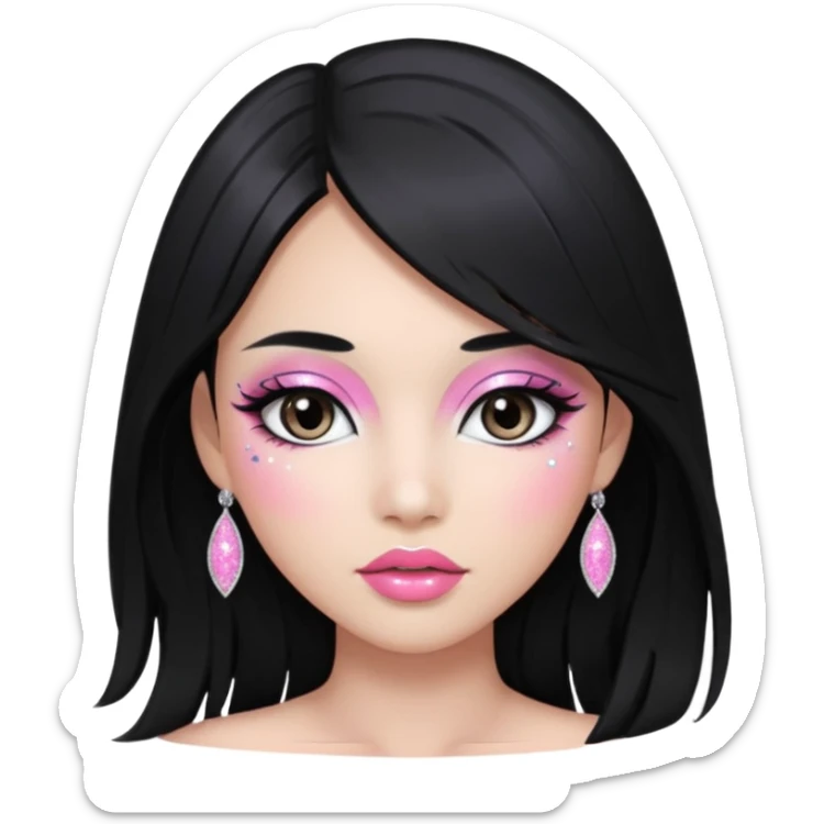 asian long black hair silver grey eyes glossy lips glittery white and pink eyeshadow girl sticker