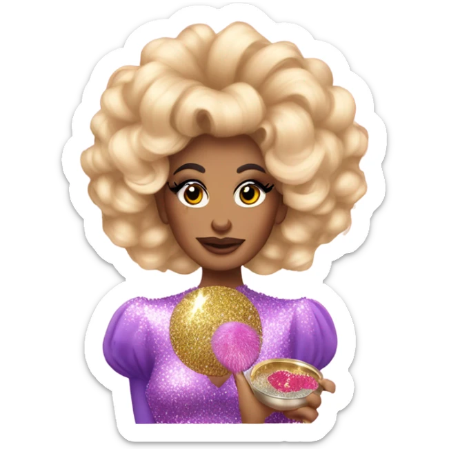 A drag queen with huge hair and a glittery dress, putting on blusher from a compact sticker