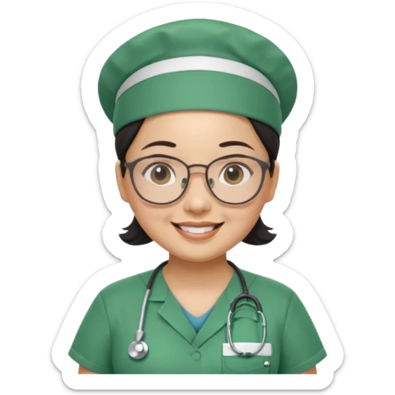 Open


Open


Open


Open
FILIPINA FEMALE NURSE, CHUBBY, NO HAIR, WITH GLASSES, GREEN SCRUBS, AND CAP, SMILING sticker