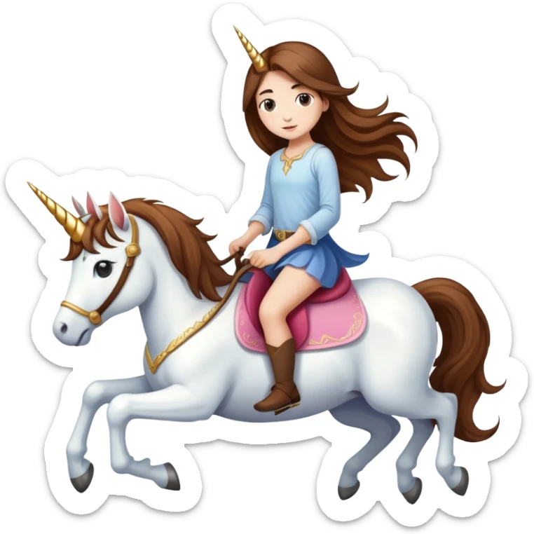 short girl with long brown hair riding a unicorn sticker