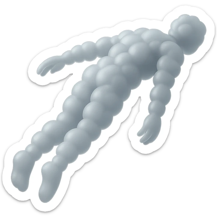 side view of unconscious person flying upwards by torso, legs and arms downwards, made of small very bright white fluffy convex clouds, matte glass style sticker