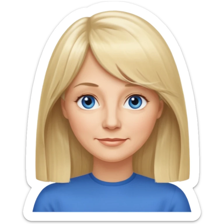 50 yr old white woman, curtain bangs, very long straight blond hair, oval face, small smile, blue eyes, thin face, hair down to elbows, round cheeks sticker