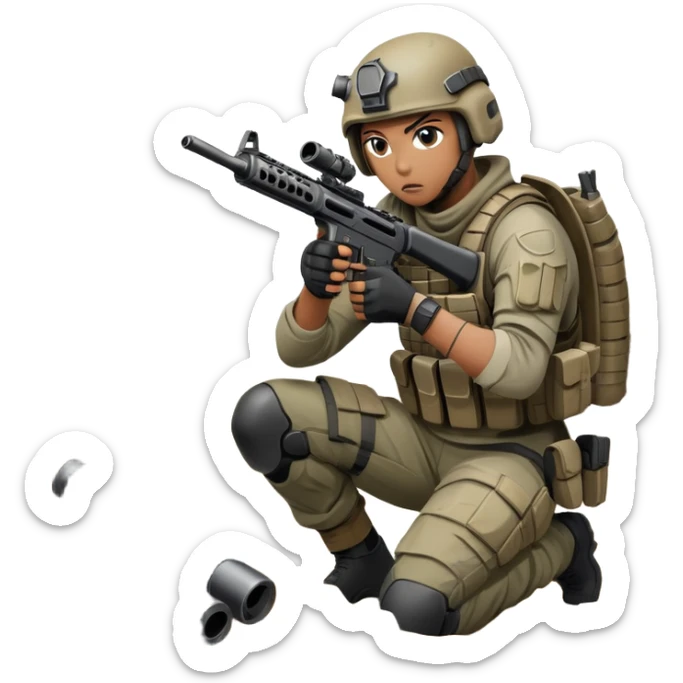 A skilled airsoft player in tactical gear, aiming a gun and shooting metal BBs in a desolate, ruined landscape. The setting is filled with broken walls and debris, creating a tense atmosphere of strategy and precision in a high-stakes tactical environment sticker