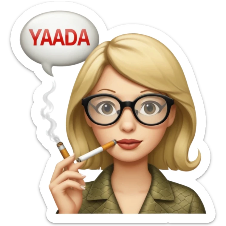 can you create a sneaky bitch SNAKE with big glasses smoking a cigarrette? the SNAKE needs to have dirty blonde hair
can you add a text baloon saying "YADA YADA" sticker