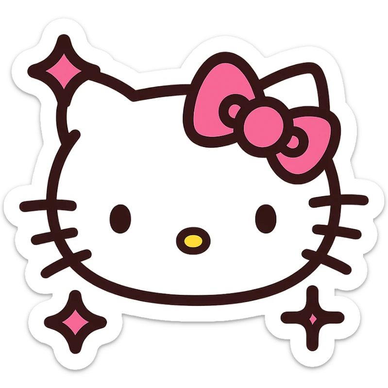 Hello Kitty with a pink bow and sparkles, pink and white girly aesthetic, cute and charming icon style sticker