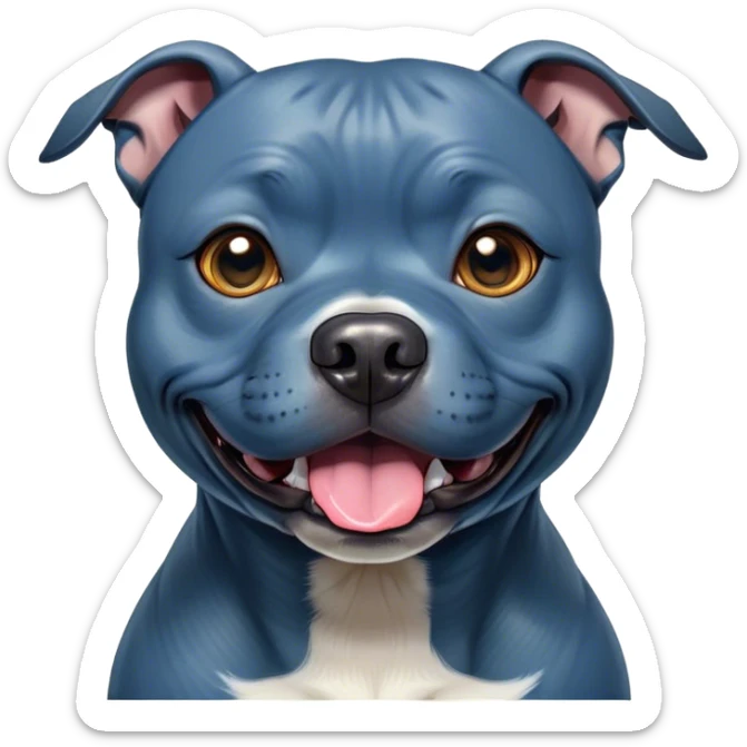 Cinematic Comical Blue Staffordshire Bull Terrier Portrait Emoji, Head tilted dramatically with an exaggeratedly amused expression, featuring a striking blue Fur with a subtle shimmer, wide, expressive dark eyes filled with playful disbelief, Simplified yet hilariously expressive features, highly detailed, glowing with a slightly sassy glow, high shine, dramatic yet playful, stylized with an air of cheeky mischief, bright and endearing, soft glowing outline, capturing the essence of a spirited and over-the-top guardian, so meme-worthy it feels like it could side-eye its way into internet fame instantly! sticker