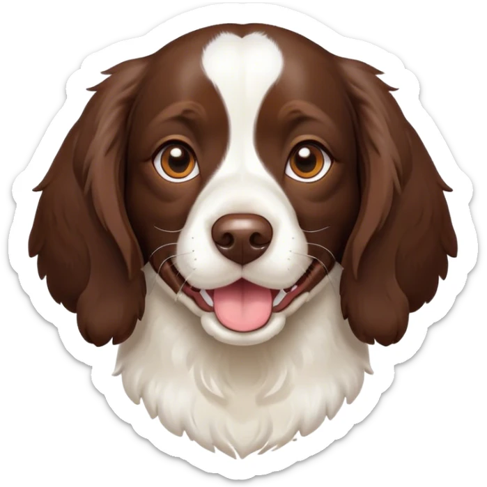 Cinematic Cute Springer Spaniel Portrait Emoji, Head tilted playfully and inquisitively, featuring a vibrant Fur of liver and white with a natural sheen, round, sparkling brown eyes filled with curiosity, Simplified yet irresistibly adorable features, highly detailed, glowing with a warm, friendly glow, high shine, affectionate and lively, stylized with a touch of whimsy, bright and endearing, soft glowing outline, capturing the essence of a mischievous yet loving pup, so playful it feels like it could frolic out of the screen and into your arms! sticker