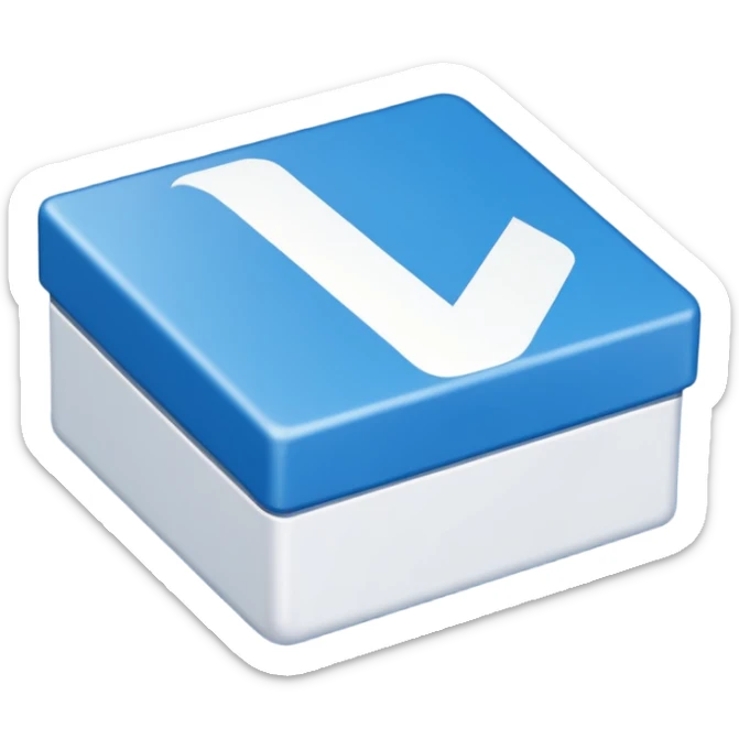 Blue box with a white check mark in the middle of the blue box that is a little bit tilted to the right and its 2d sticker