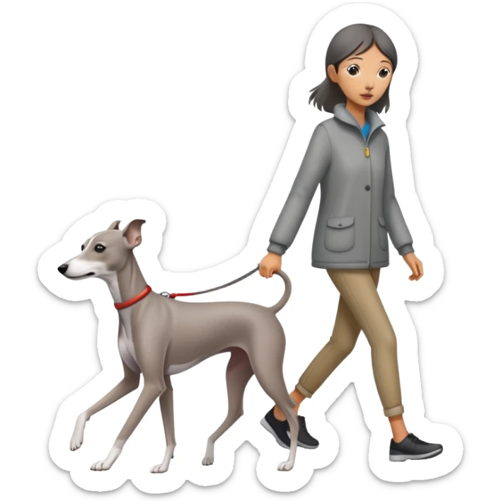Asian girl walking an all grey Italian greyhound with no white nose, completely grey dog sticker