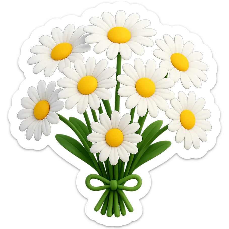 3D iOS-style bouquet of daisies, vibrant white petals, yellow centers, no background sticker