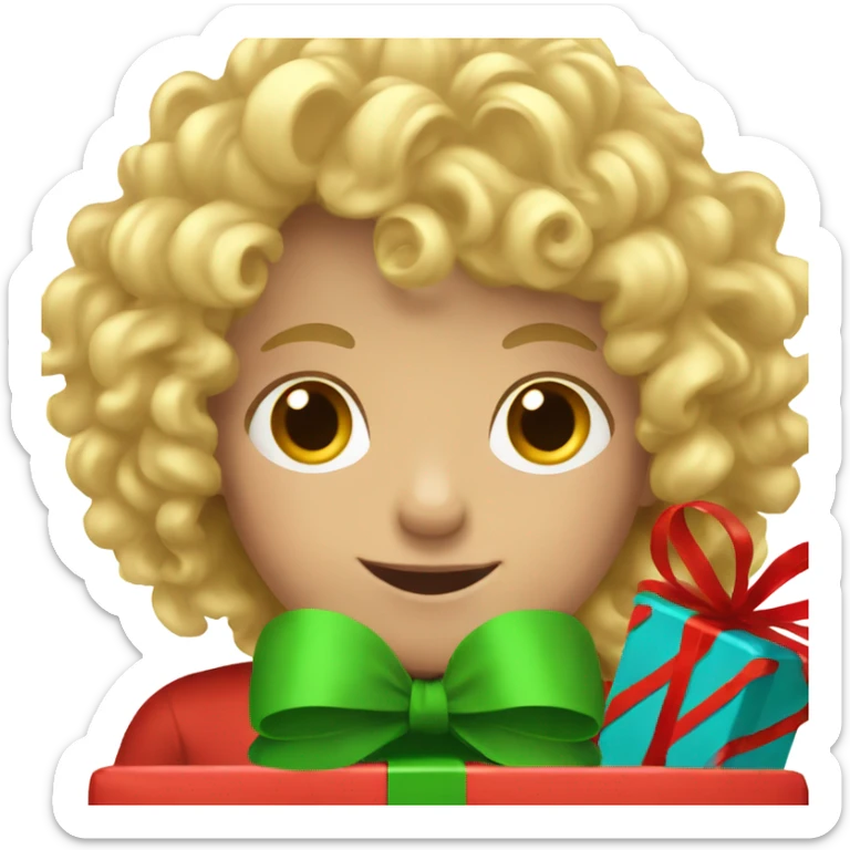 A little boy with long and blond curly hair and Christmas presents sticker
