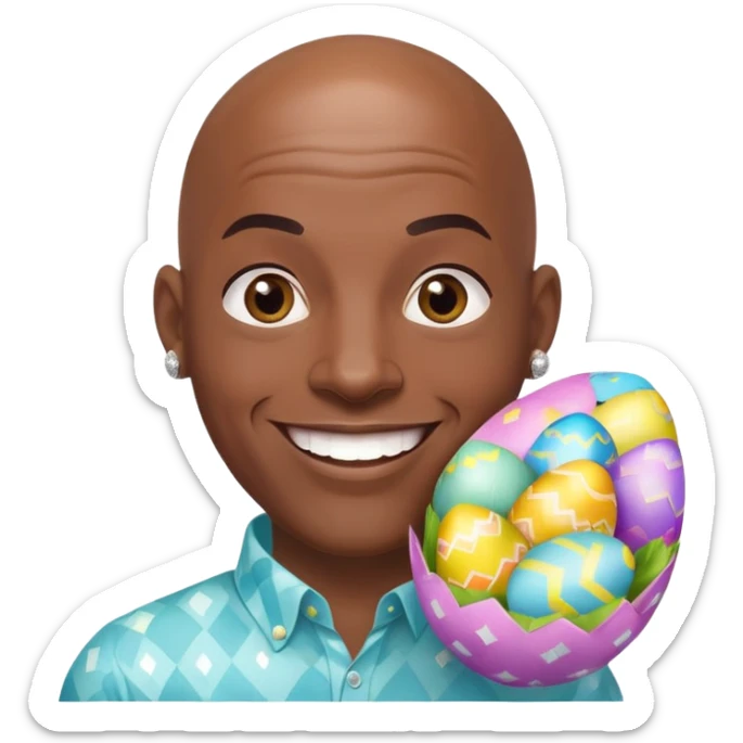 smiling bald African American man with diamond stud earrings popping out of an Easter egg sticker