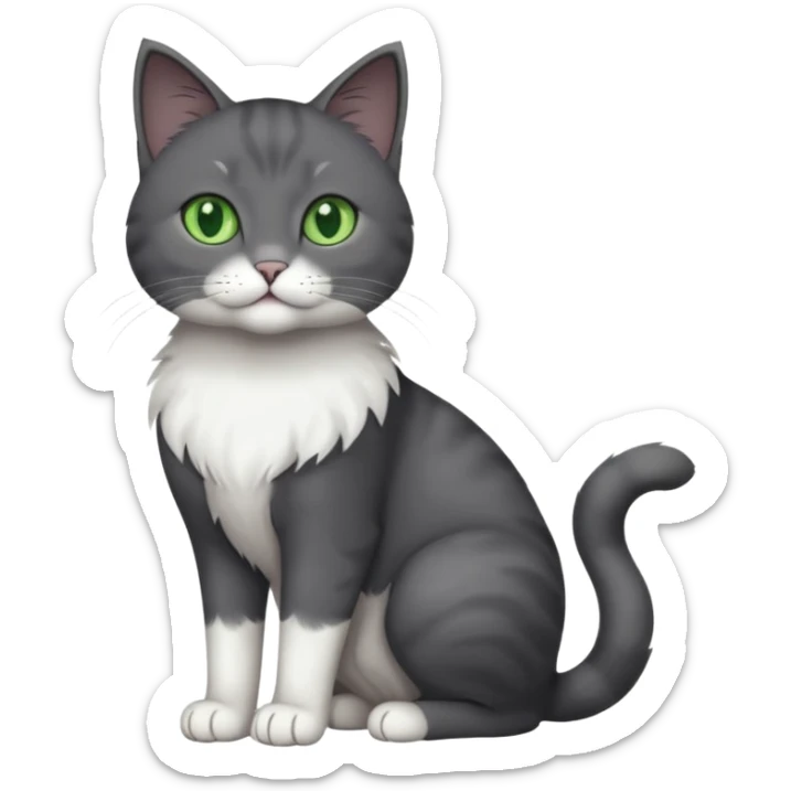 full body view of beautiful female solid dark grey cat with green eyes, white toes/paws and white patch on her chest sticker