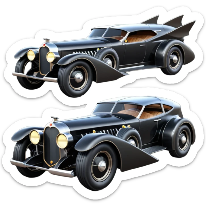  the animated series aerodynamic opulent dark futuristic concept Batmobile loosely based on 1916 V16 Cadillac wagon (flat long straight faceted mechanical body) winged stealthy street hot rod  sticker