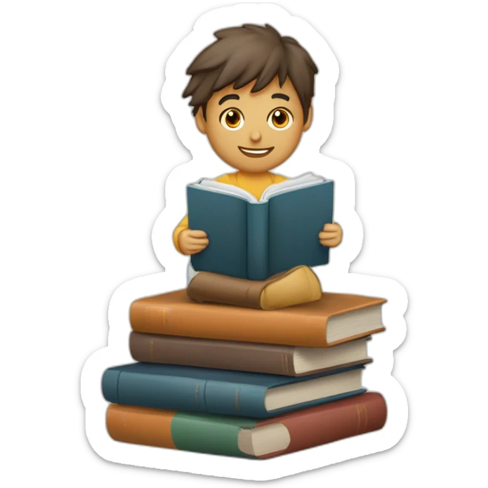 imagen estilizada de un estudiante junto a todos sus libros que son muchos sus libros y una mascota sticker