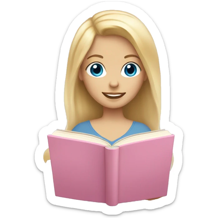 blonde hair blue eyed girl reading light pink book sticker
