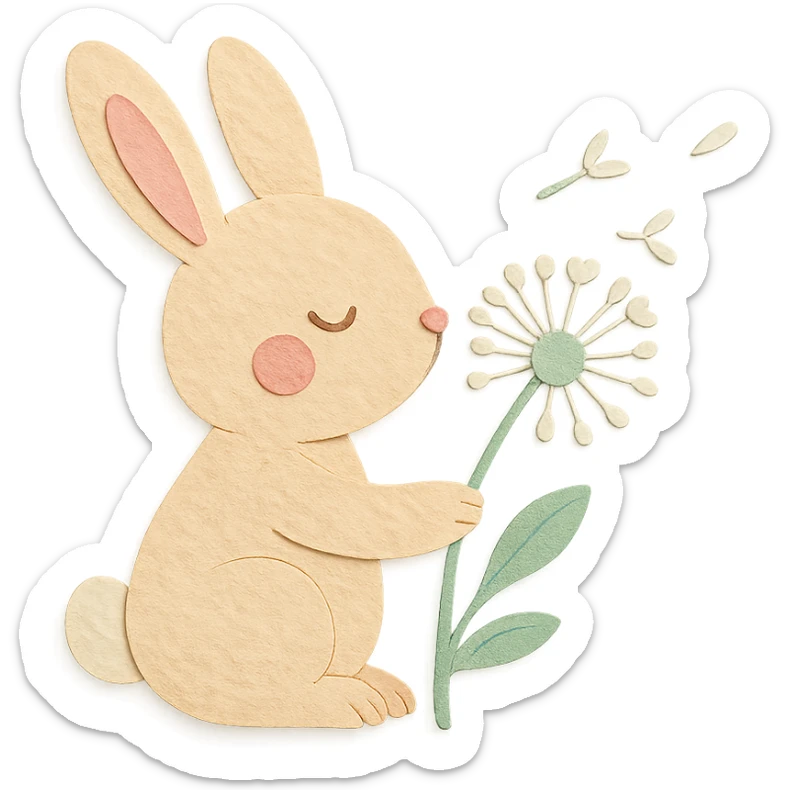 bunny holding a dandelion in the breeze, gentle spring vibe, soft pastel colors, transparent background, paper craft style sticker