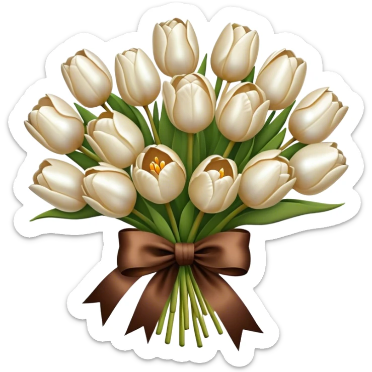 A big bouquet of pearl-colored tulips tied with a brown silk bow  sticker