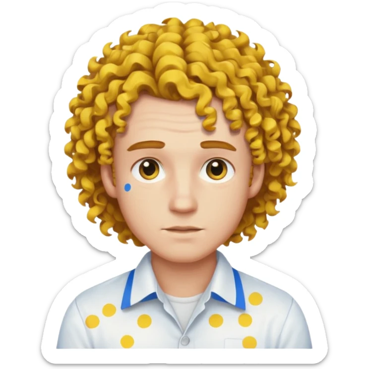 Make me an emoji that has a guy with a white shirt and yellow tape around the shirt with brown and blue spots hair make the hair curly sticker