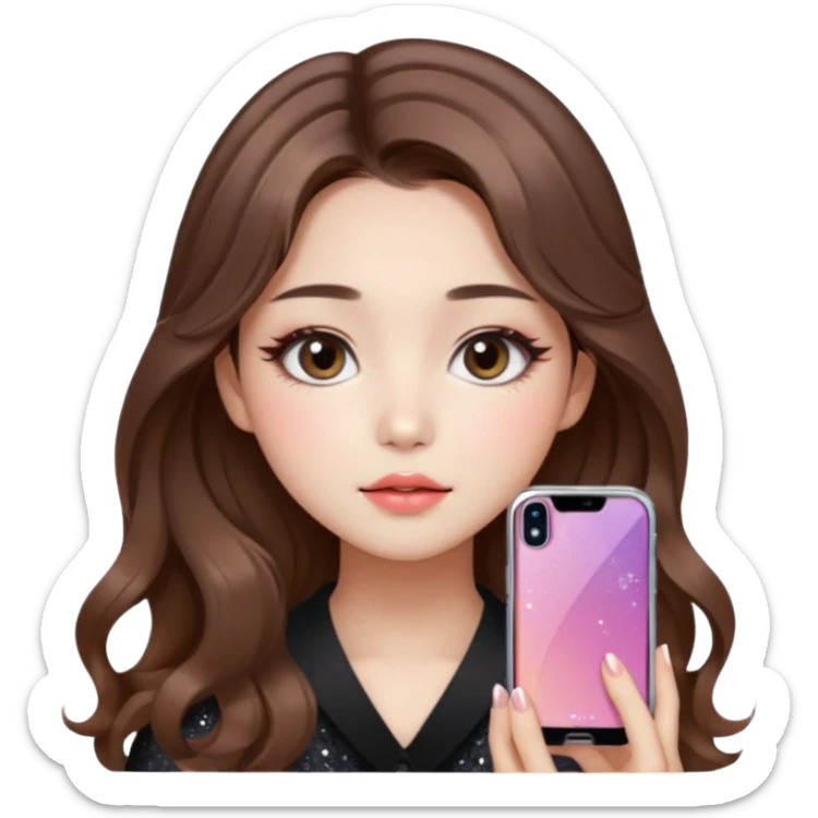 “korean straight brown hair Emoji girl, soft eyeliner and blush, gradient lips, light brown shimmer eyeshadow, sparkly aegyo-sal, long wavy hair,  sticker