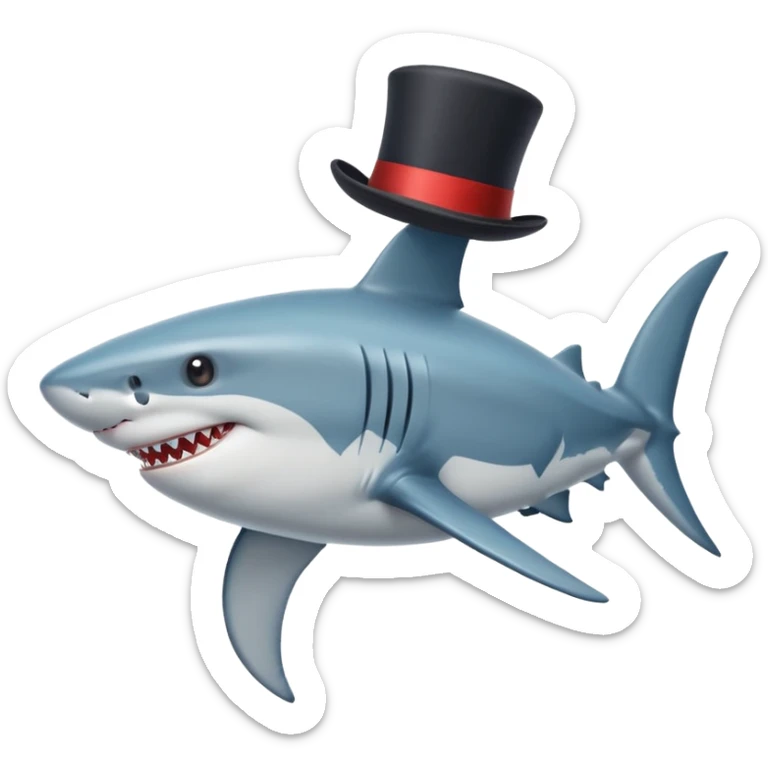 Shark with billionaire's top hat Side view, body turned diagonally to the right, clean white background sticker