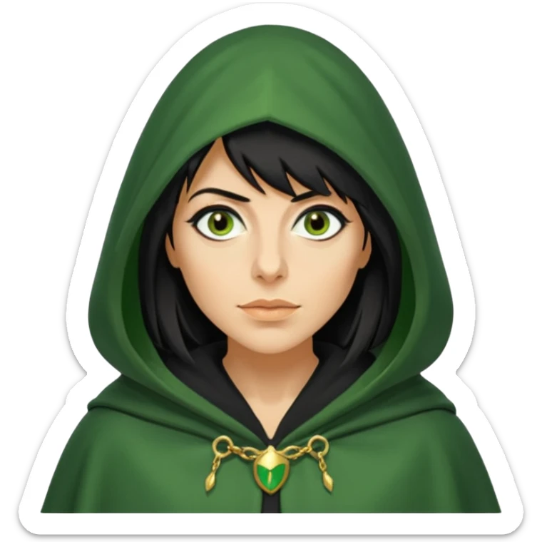 claudia winkleman as a traitor with a green hooded cloak with a gold clasp and dark black eyeliner sticker