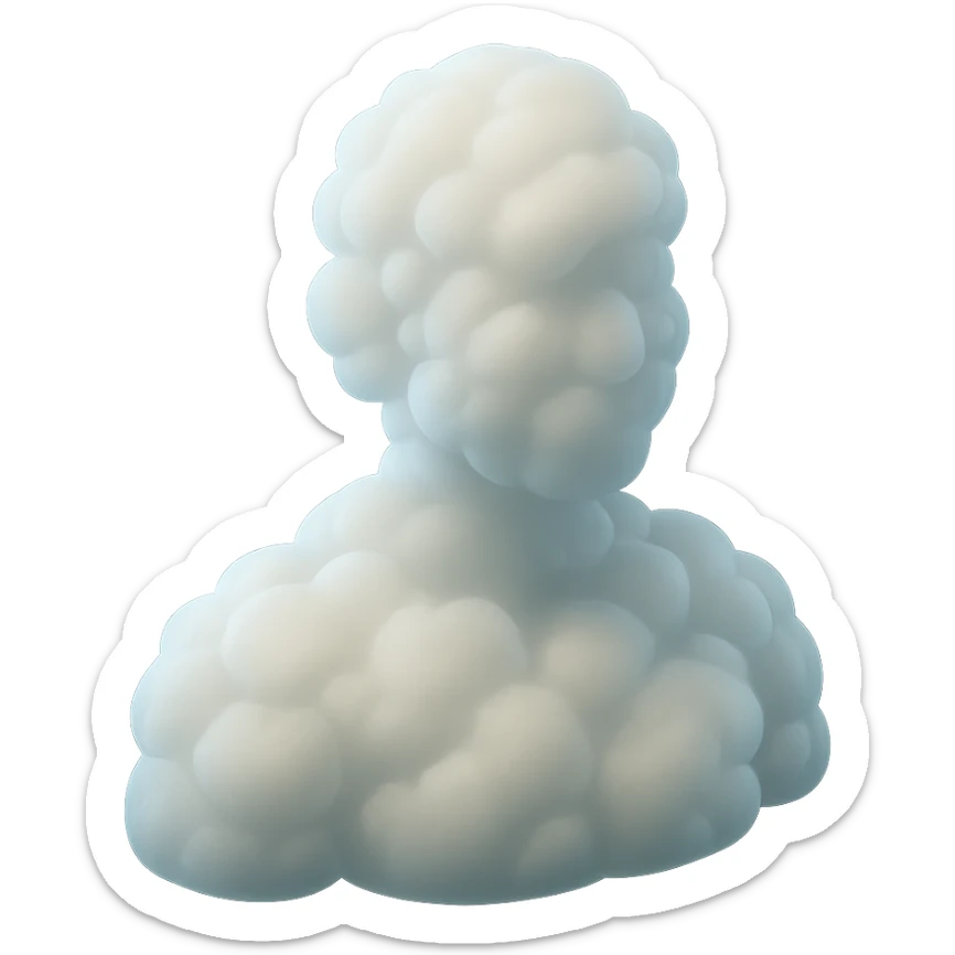 person made entirely of white fluffy convex clouds, shoulder up, front view, matte glass style, no background sticker