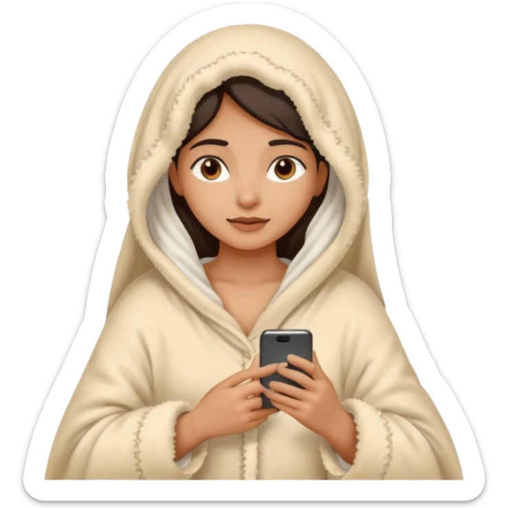 a pretty bratz fair indian girl covered in blanket, wearing beige pajamas, using phone sticker