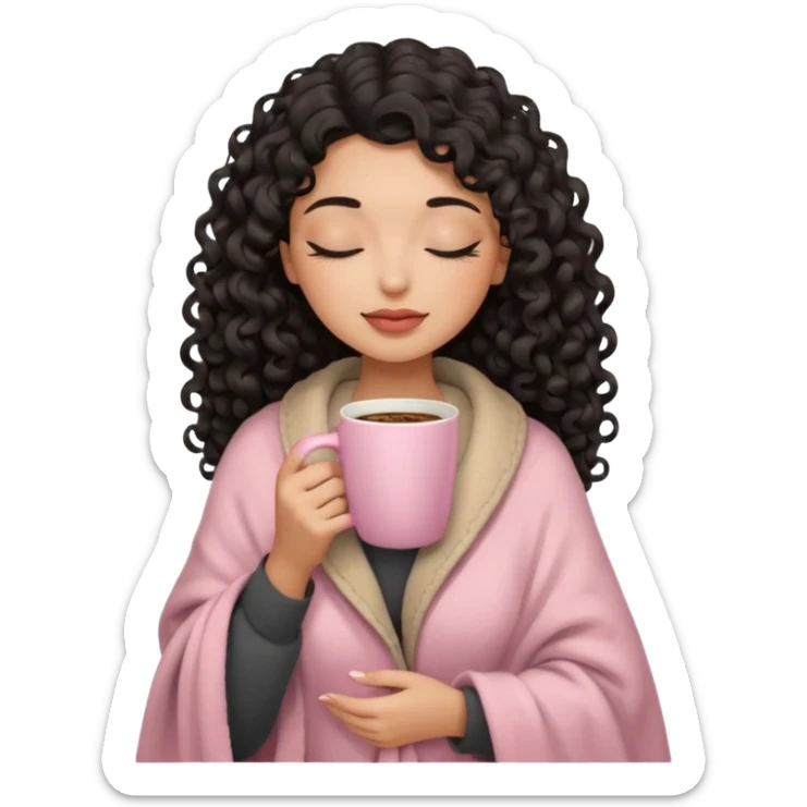 woman with hispanic medium skin tone, black long 3b curls, closed eyes, feminine face, holding soft pink coffee cup with beige blanket over shoulders sticker