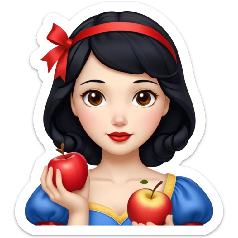 Cinematic Realistic Snow White Portrait, depicted with lifelike skin texture, soft natural lighting, and intricately detailed black hair styled with a red ribbon. Her soft brown eyes radiate innocence and kindness, complemented by a warm, gentle smile. She holds an apple in one hand, her other hand resting against her cheek, embodying her purity and charm. She is dressed in her classic yellow, blue, and red gown, the fabric rich in texture with delicate folds that catch the light beautifully. The portrait features a soft, natural glow with a radiant finish, capturing the essence of timeless beauty in a realistic and painterly style. sticker