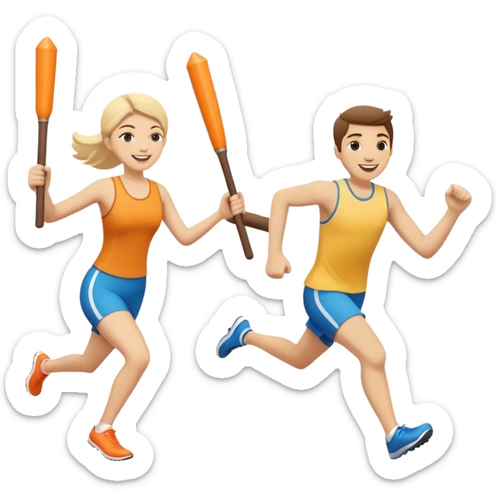 No that looks like a sword fight.  Make two people in a relay race with one large bright baton passing it from one person to the next while running and smiling. One needs to be running behind the other in the same direction. Better now one baton being handed of.  Nope  sticker