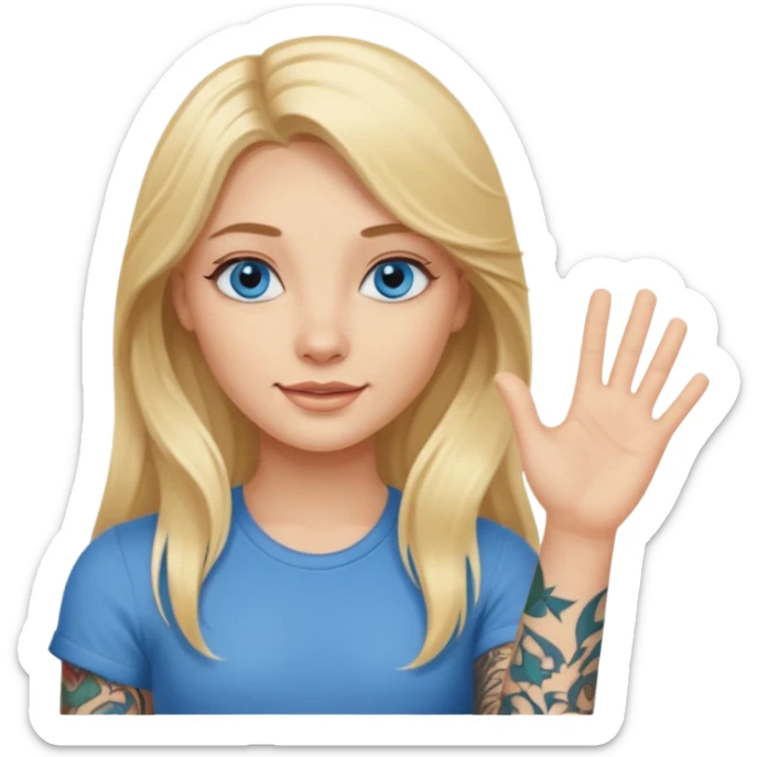 blonde girl with long hair blue eyes waving hello with tattoos sticker