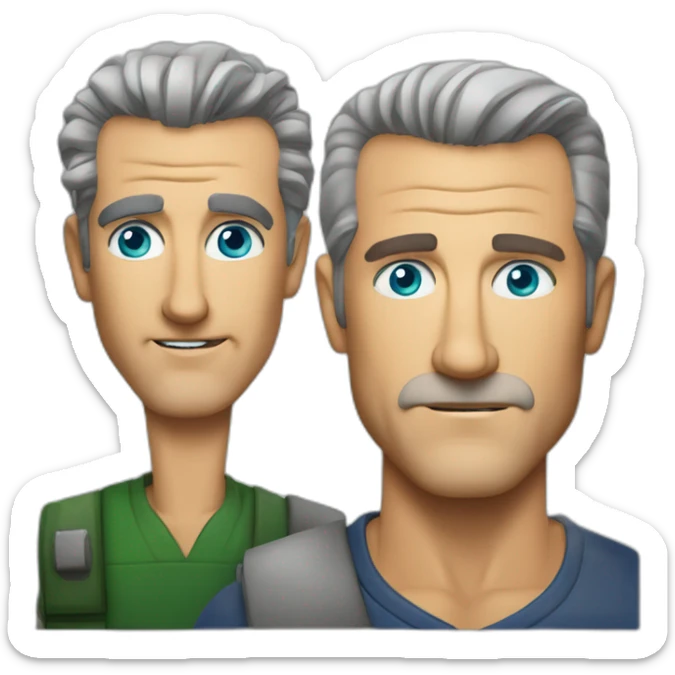 Mel gibson with blue eyes with finge a short blond straight square cut with  woman with green eyes sticker