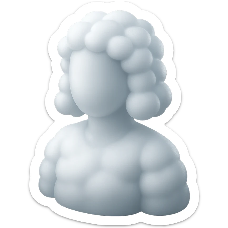 person made entirely of white clouds, fluffy, convex, shoulder length, front view, matte glass style sticker