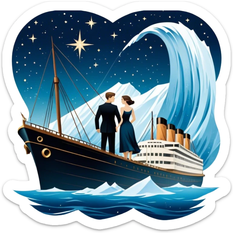 Icon for Titanic Movie: A vintage movie poster-style design featuring a dramatic scene of the ship, the iceberg, and a romantic silhouette of the main couple. Include elements like the ship’s bow, water splashes, and a starry sky in the background. Retro cinematic feel. Transparent background. sticker