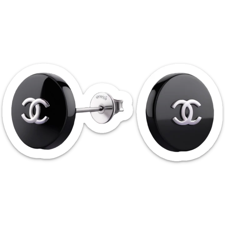 a pair of 3D emoji-style Chanel logo stud earrings, glossy black with silver accents, elegant sticker
