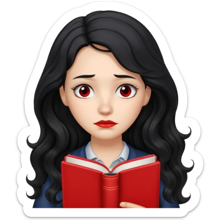 Long Hair Women with red Book, Black wavy hair, sad

 sticker